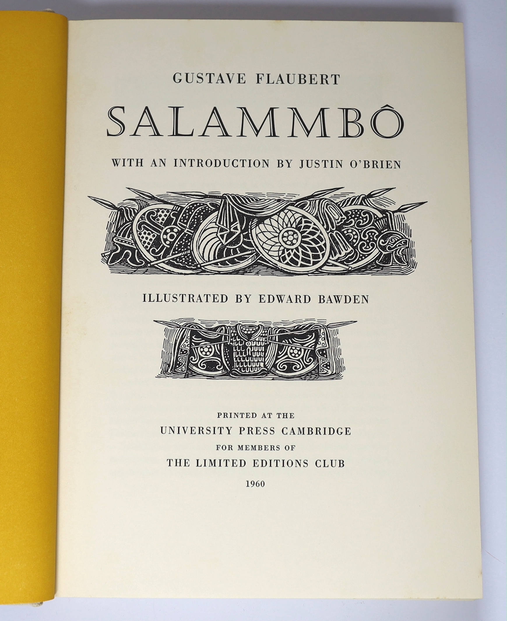 Flaubert, Gustave - Salammbo, one of 1600 signed by the illustrator Edward Bawden, 4to, original cream buckram, with 8 double-page plates, The Limited Editions Club, University Press, Cambridge, 1960, in slip case.